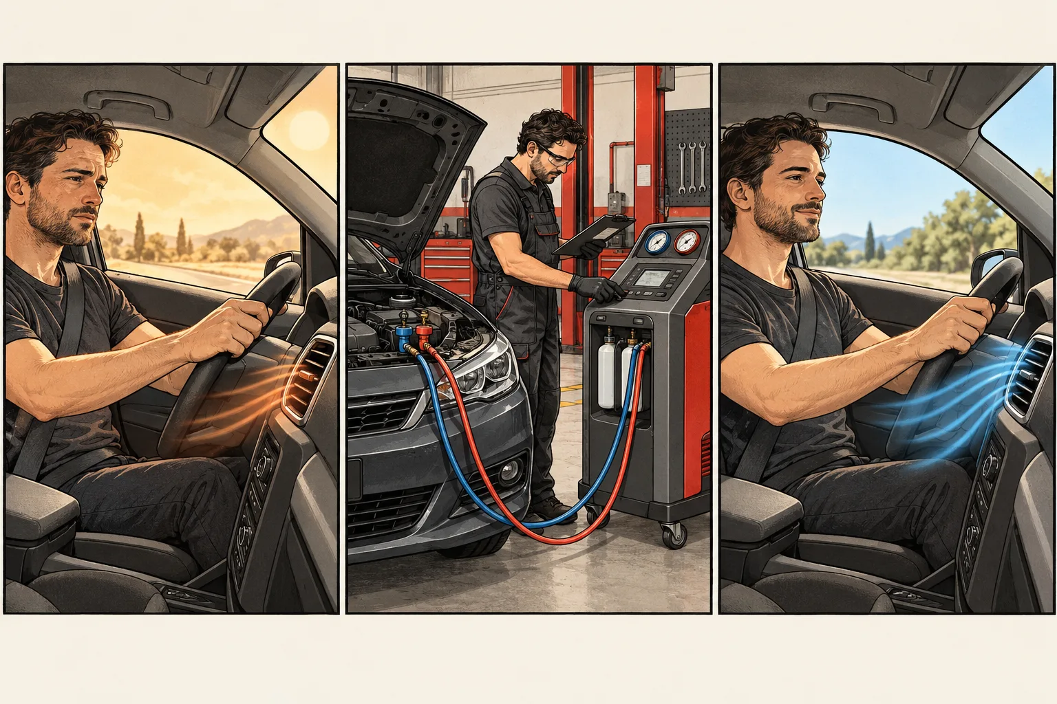 Tres viñetas: falta de frío en el coche, comprobación con la máquina y climatización recuperada.